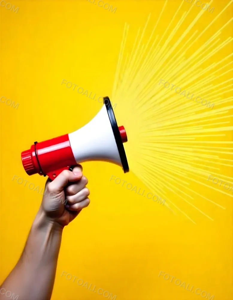 A Hand Holding A Red And White Megaphone With Yellow Rays Coming Out Of It White Background 3 6d63