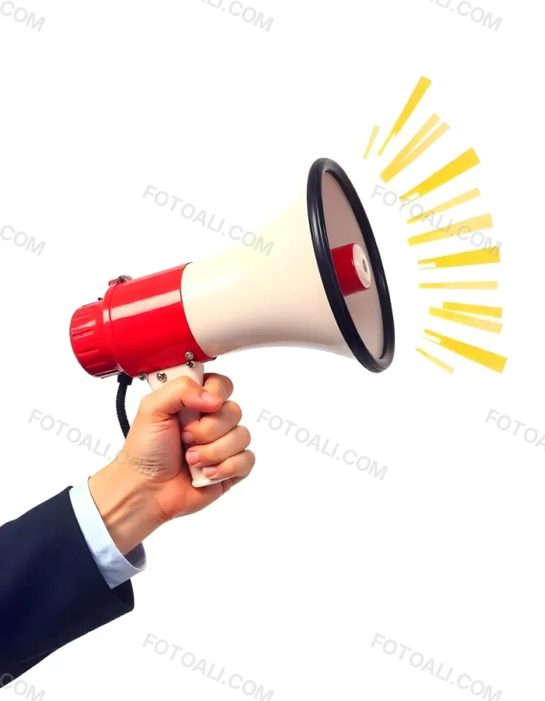 A Hand Holding A Red And White Megaphone With Yellow Rays Coming Out Of It White Background 4 2de7