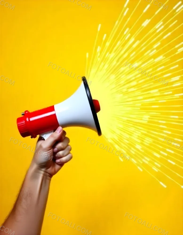 A Hand Holding A Red And White Megaphone With Yellow Rays Coming Out Of It White Background 4 Dd2b