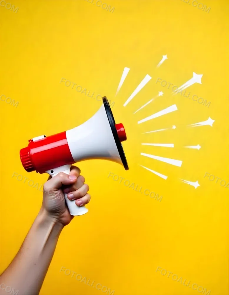 A Hand Holding A Red And White Megaphone With Yellow Rays Coming Out Of It White Background 5 84f4