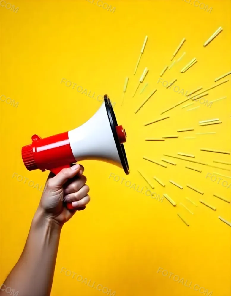 A Hand Holding A Red And White Megaphone With Yellow Rays Coming Out Of It White Background 5 Ae7d