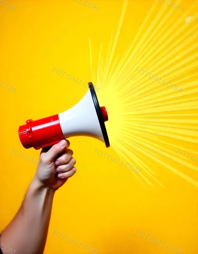 A Hand Holding A Red And White Megaphone With Yellow Rays Coming Out Of It White Background 6 F0f5