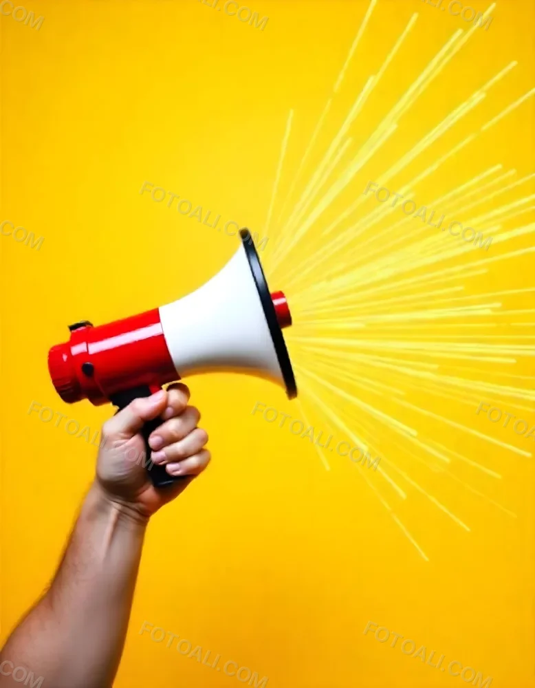 A Hand Holding A Red And White Megaphone With Yellow Rays Coming Out Of It White Background 8 C75d