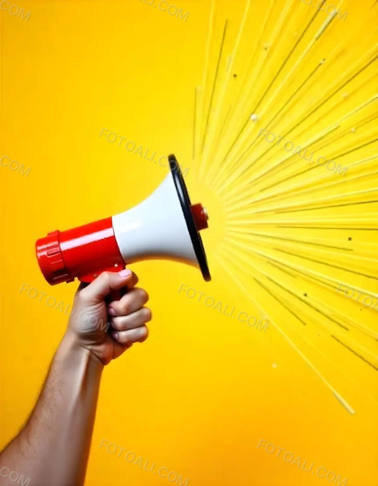 A Hand Holding A Red And White Megaphone With Yellow Rays Coming Out Of It White Background 9 8893