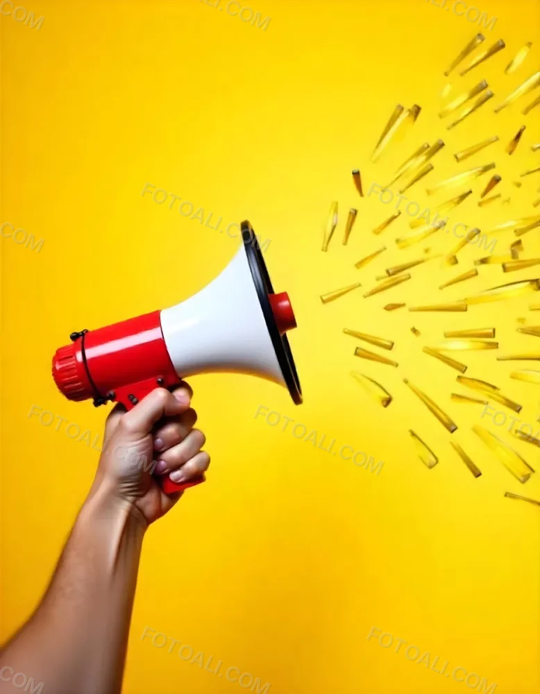 A Hand Holding A Red And White Megaphone With Yellow Rays Coming Out Of It White Background 9 9ad0