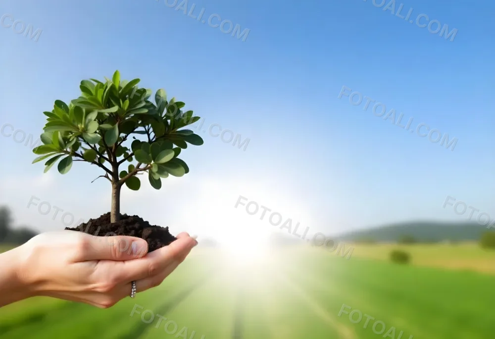 A Hand Holding A Small Tree With Green Leaves And Brown Soil With A Blurred Background Of A Road And A Blue Sky 10 7ead