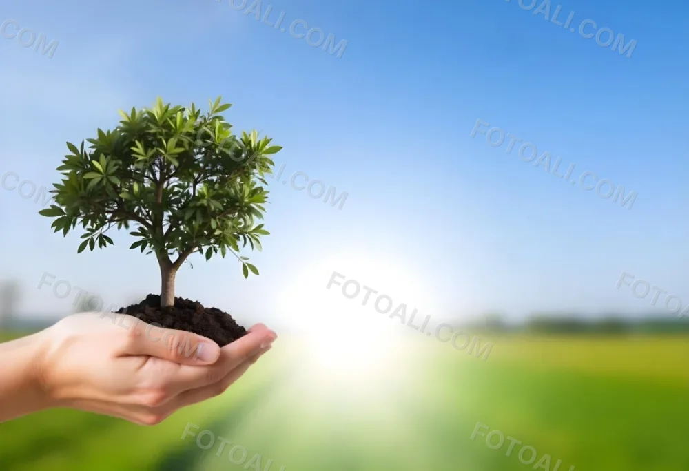 A Hand Holding A Small Tree With Green Leaves And Brown Soil With A Blurred Background Of A Road And A Blue Sky 14 15f7