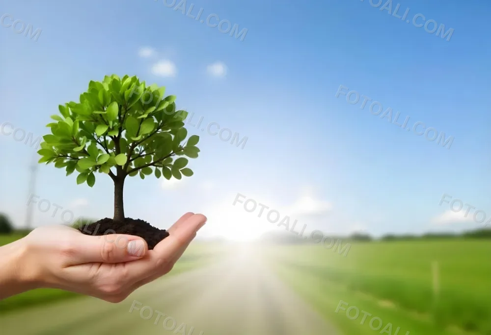 A Hand Holding A Small Tree With Green Leaves And Brown Soil With A Blurred Background Of A Road And A Blue Sky 15 79e4