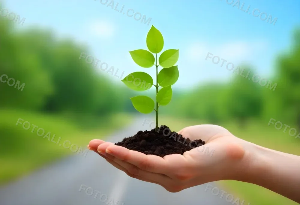 A Hand Holding A Small Tree With Green Leaves And Brown Soil With A Blurred Background Of A Road And A Blue Sky 2 A7e3