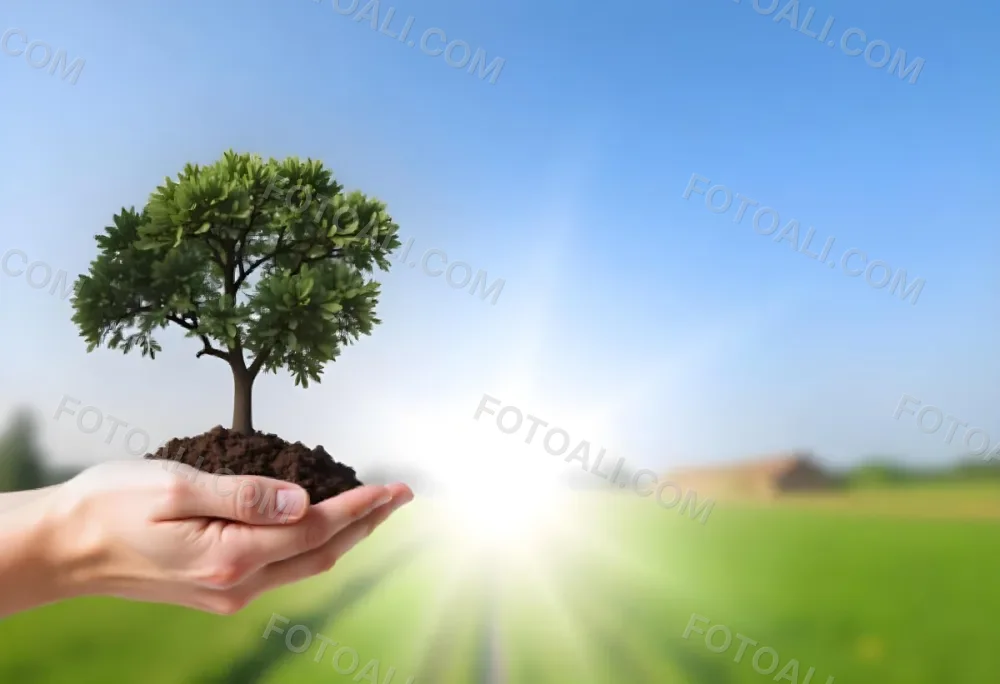 A Hand Holding A Small Tree With Green Leaves And Brown Soil With A Blurred Background Of A Road And A Blue Sky 20 F669