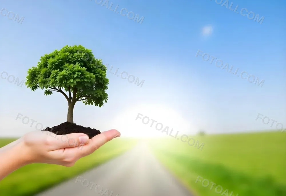A Hand Holding A Small Tree With Green Leaves And Brown Soil With A Blurred Background Of A Road And A Blue Sky 24 6c92