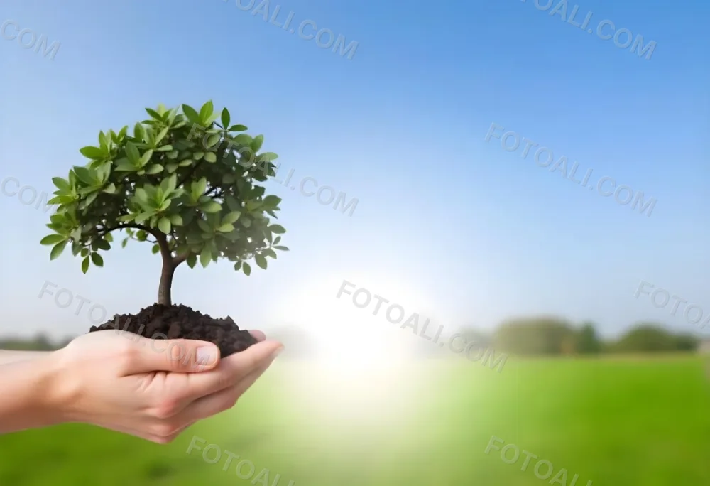 A Hand Holding A Small Tree With Green Leaves And Brown Soil With A Blurred Background Of A Road And A Blue Sky 28 B3b0