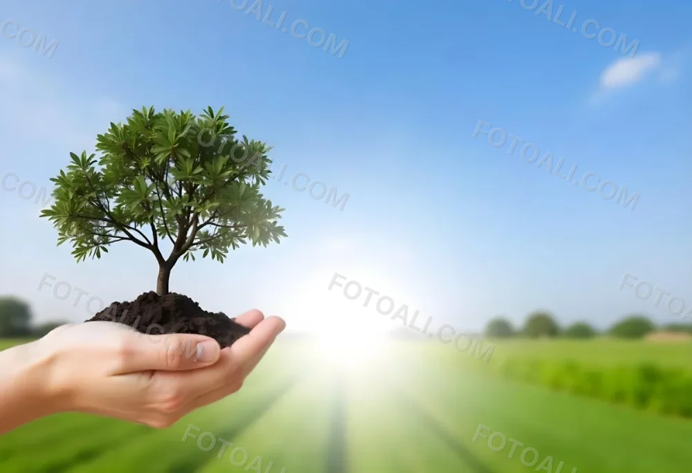 A Hand Holding A Small Tree With Green Leaves And Brown Soil With A Blurred Background Of A Road And A Blue Sky 29 Df06