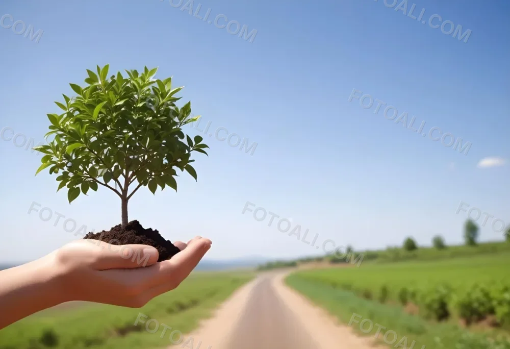 A Hand Holding A Small Tree With Green Leaves And Brown Soil With A Blurred Background Of A Road And A Blue Sky 30 2fbe