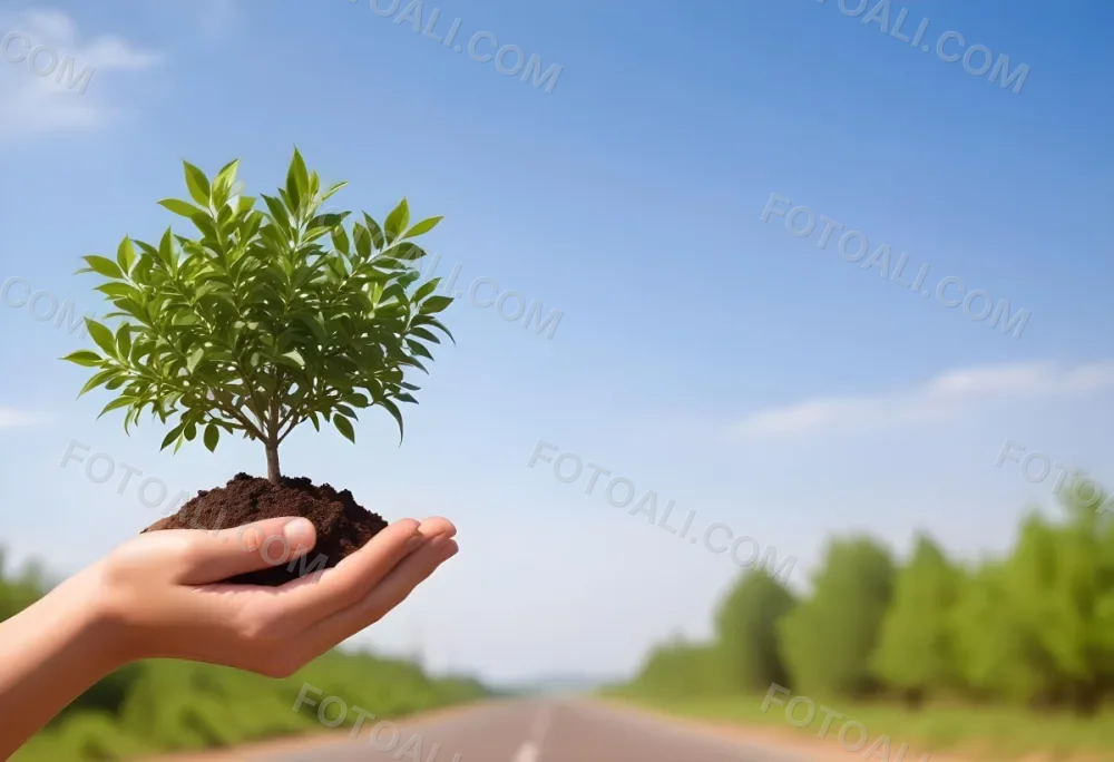 A Hand Holding A Small Tree With Green Leaves And Brown Soil With A Blurred Background Of A Road And A Blue Sky 32 61fc