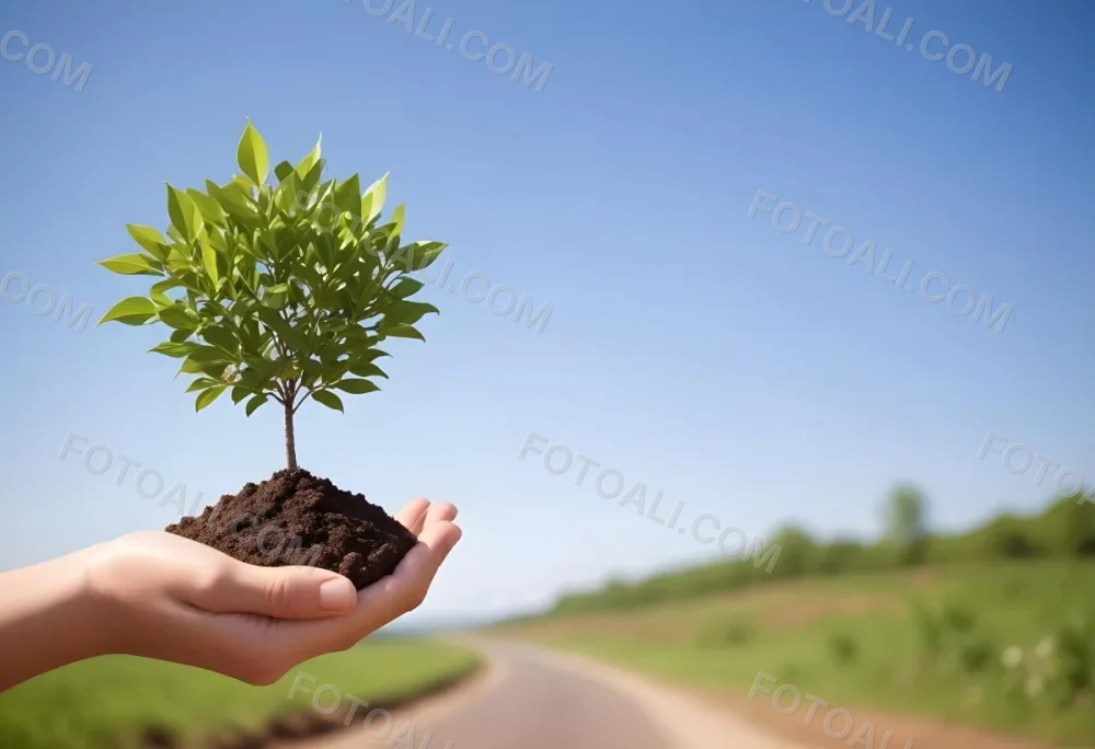 A Hand Holding A Small Tree With Green Leaves And Brown Soil With A Blurred Background Of A Road And A Blue Sky 34 Cf77