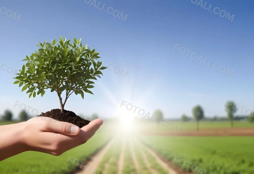 A Hand Holding A Small Tree With Green Leaves And Brown Soil With A Blurred Background Of A Road And A Blue Sky 37 9d5d