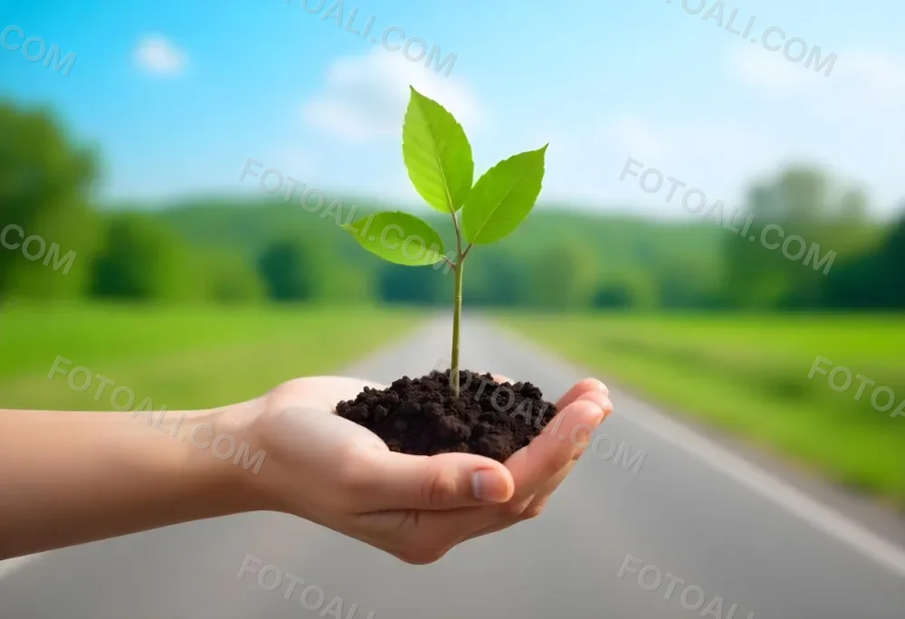 A Hand Holding A Small Tree With Green Leaves And Brown Soil With A Blurred Background Of A Road And A Blue Sky 5 6223