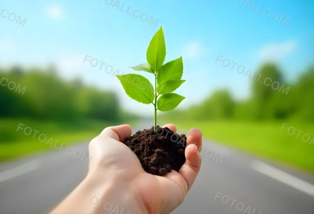 A Hand Holding A Small Tree With Green Leaves And Brown Soil With A Blurred Background Of A Road And A Blue Sky 7 52b4
