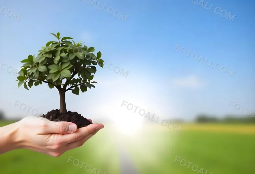 A Hand Holding A Small Tree With Green Leaves And Brown Soil With A Blurred Background Of A Road And A Blue Sky 8 8d0f