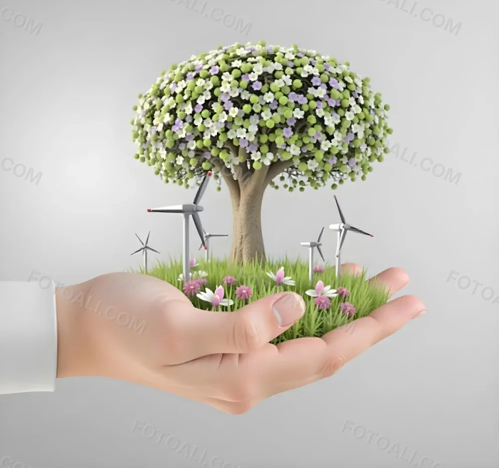 A Hand Holding A Tree With Flowers As Leaves Grass Flowers And Wind Turbines In The Background Concept Of Green Energy 20 Ff73