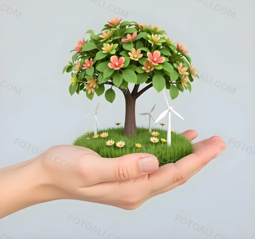 A Hand Holding A Tree With Flowers As Leaves Grass Flowers And Wind Turbines In The Background Concept Of Green Energy 44 Dbec