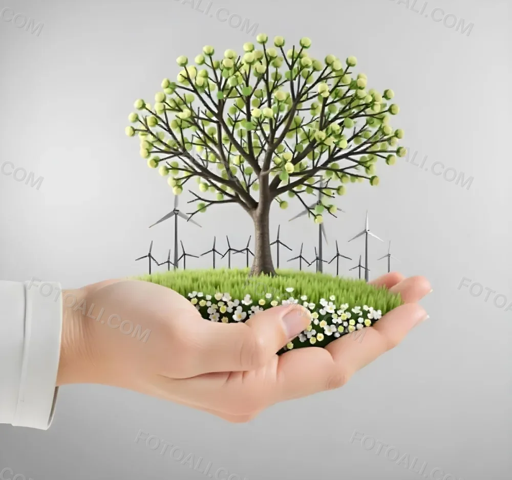 A Hand Holding A Tree With Flowers As Leaves Grass Flowers And Wind Turbines In The Background Concept Of Green Energy 62 41e7