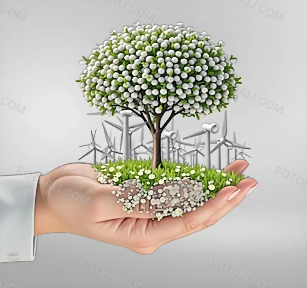 A Hand Holding A Tree With Flowers As Leaves Grass Flowers And Wind Turbines In The Background Concept Of Green Energy 63 9221