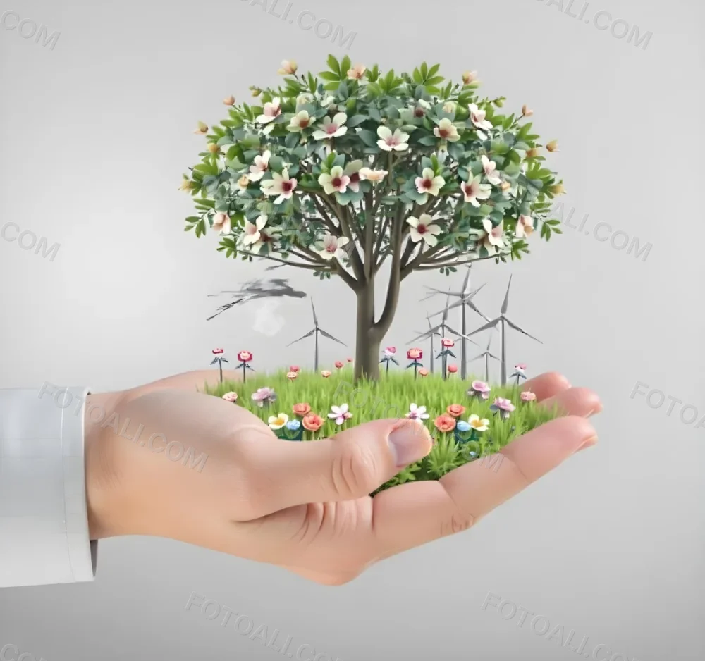 A Hand Holding A Tree With Flowers As Leaves Grass Flowers And Wind Turbines In The Background Concept Of Green Energy 65 4814