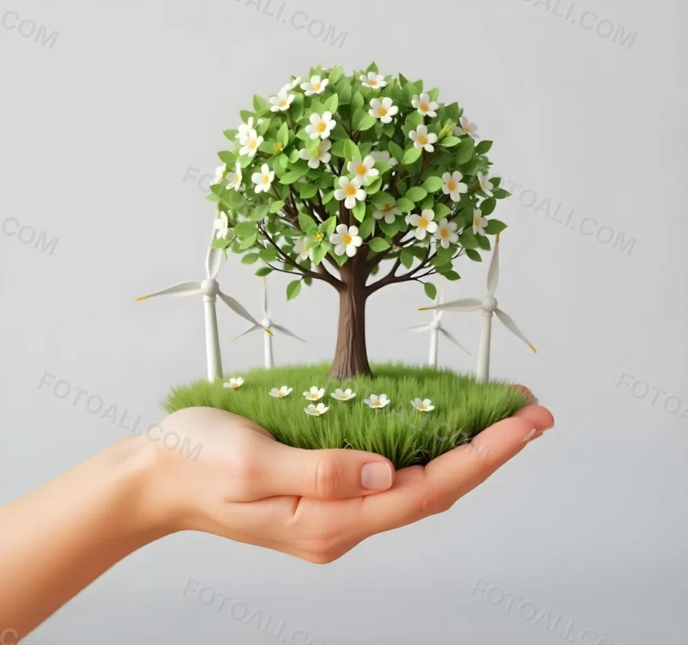 A Hand Holding A Tree With Flowers As Leaves Grass Flowers And Wind Turbines In The Background Concept Of Green Energy 69 1f5f
