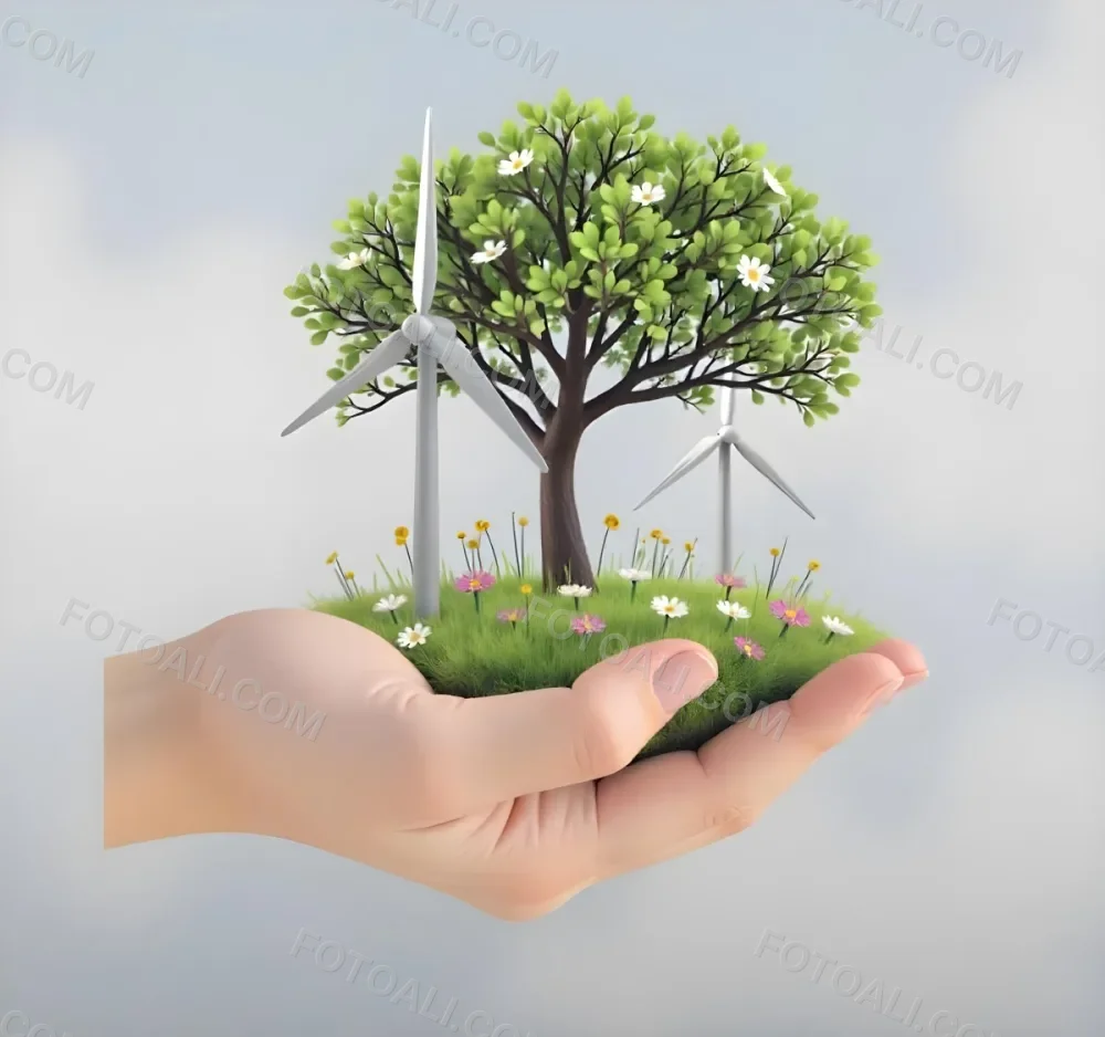A Hand Holding A Tree With Flowers As Leaves Grass Flowers And Wind Turbines In The Background Concept Of Green Energy 7 438d