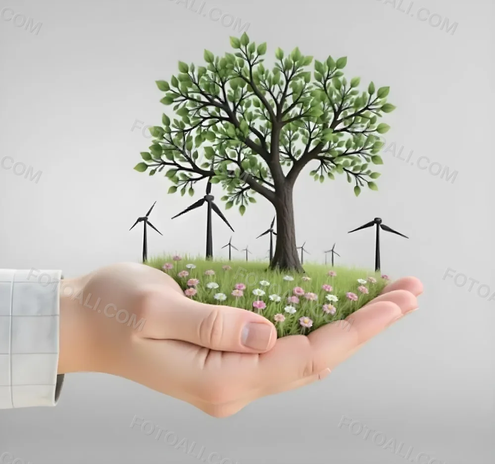 A Hand Holding A Tree With Flowers As Leaves Grass Flowers And Wind Turbines In The Background Concept Of Green Energy 8 711e
