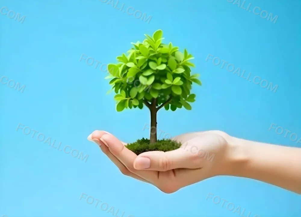 A Hand Holding A Tree With Green Leaves Blue Sky Background The Tree Is Small And Has A Round Shape The Hand Is Light Skin 1 6ed9
