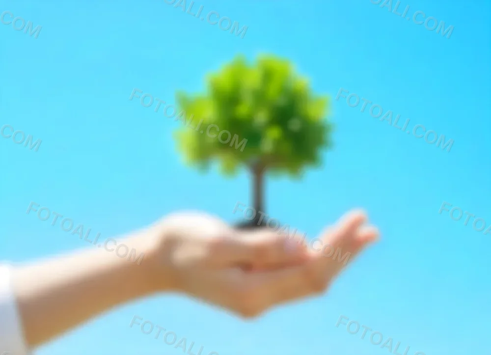 A Hand Holding A Tree With Green Leaves Blue Sky Background The Tree Is Small And Has A Round Shape The Hand Is Light Skin 12 5f4b