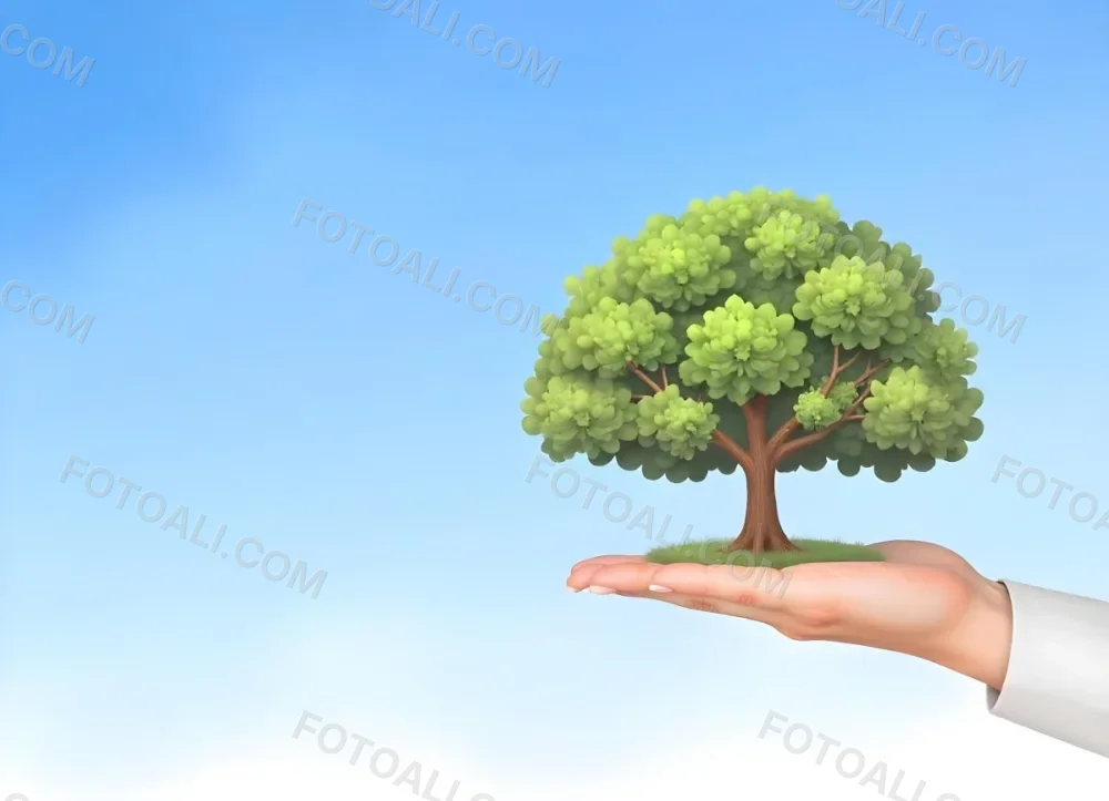 A Hand Holding A Tree With Green Leaves Blue Sky Background The Tree Is Small And Has A Round Shape The Hand Is Light Skin 14 E6cd