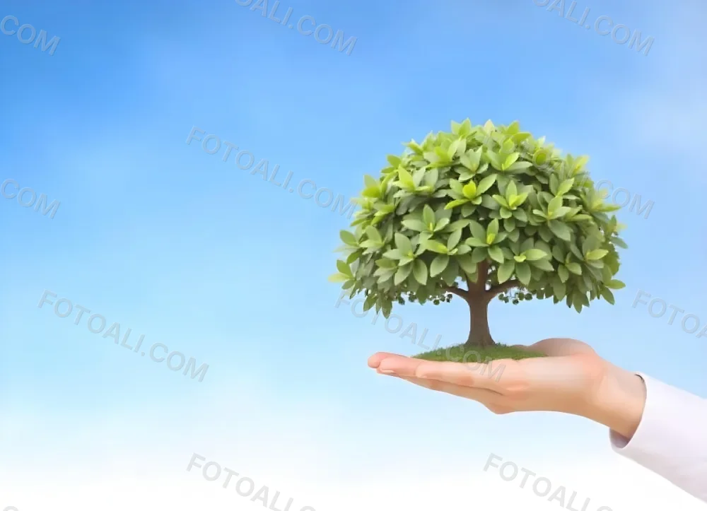 A Hand Holding A Tree With Green Leaves Blue Sky Background The Tree Is Small And Has A Round Shape The Hand Is Light Skin 19 C66d