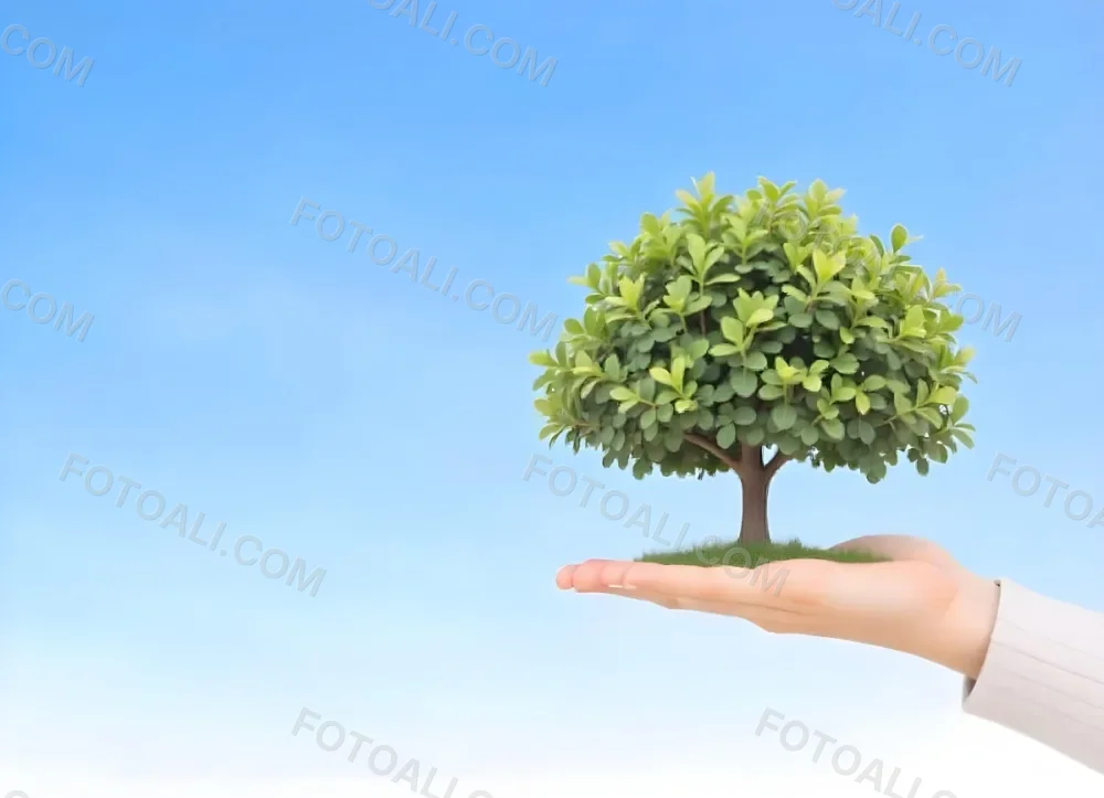 A Hand Holding A Tree With Green Leaves Blue Sky Background The Tree Is Small And Has A Round Shape The Hand Is Light Skin 25 7962