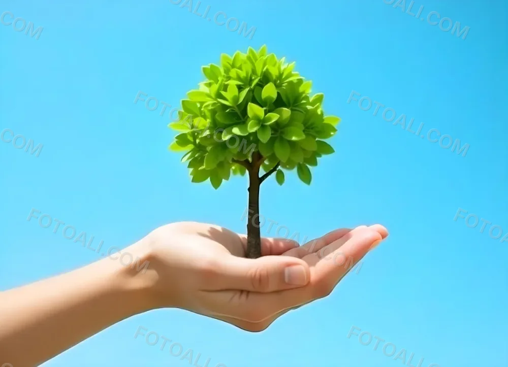 A Hand Holding A Tree With Green Leaves Blue Sky Background The Tree Is Small And Has A Round Shape The Hand Is Light Skin 27 2b3b