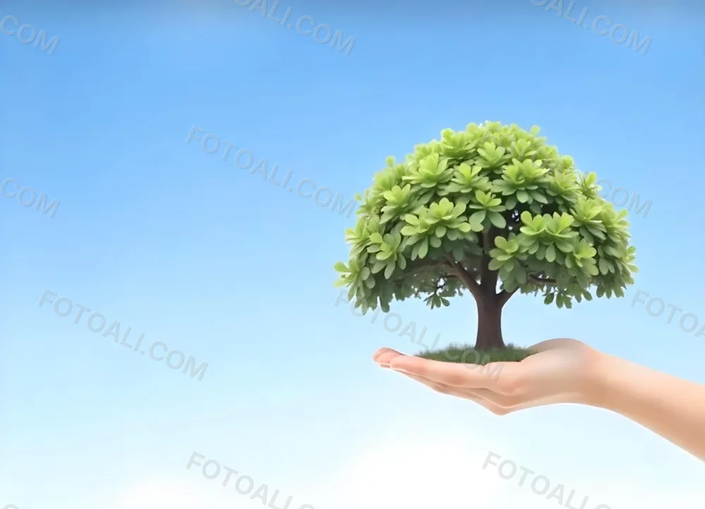 A Hand Holding A Tree With Green Leaves Blue Sky Background The Tree Is Small And Has A Round Shape The Hand Is Light Skin 29 85dd