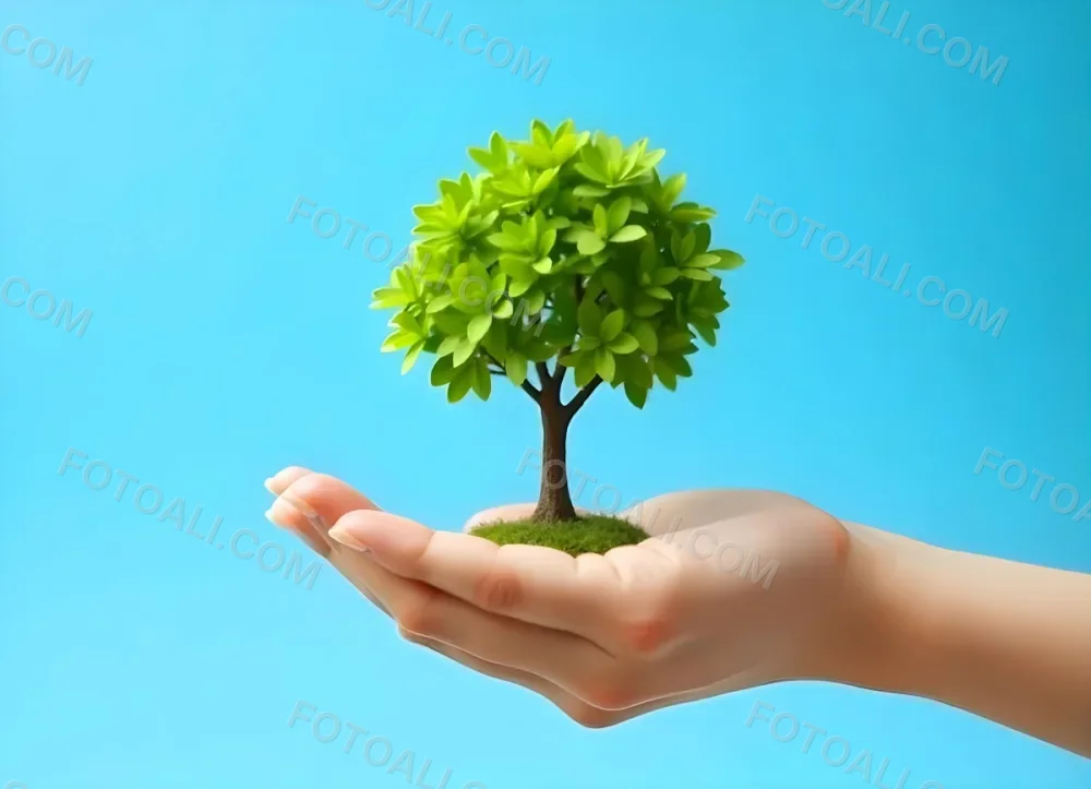 A Hand Holding A Tree With Green Leaves Blue Sky Background The Tree Is Small And Has A Round Shape The Hand Is Light Skin 3 2230