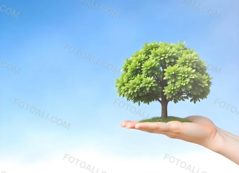 A Hand Holding A Tree With Green Leaves Blue Sky Background The Tree Is Small And Has A Round Shape The Hand Is Light Skin 31 06b2