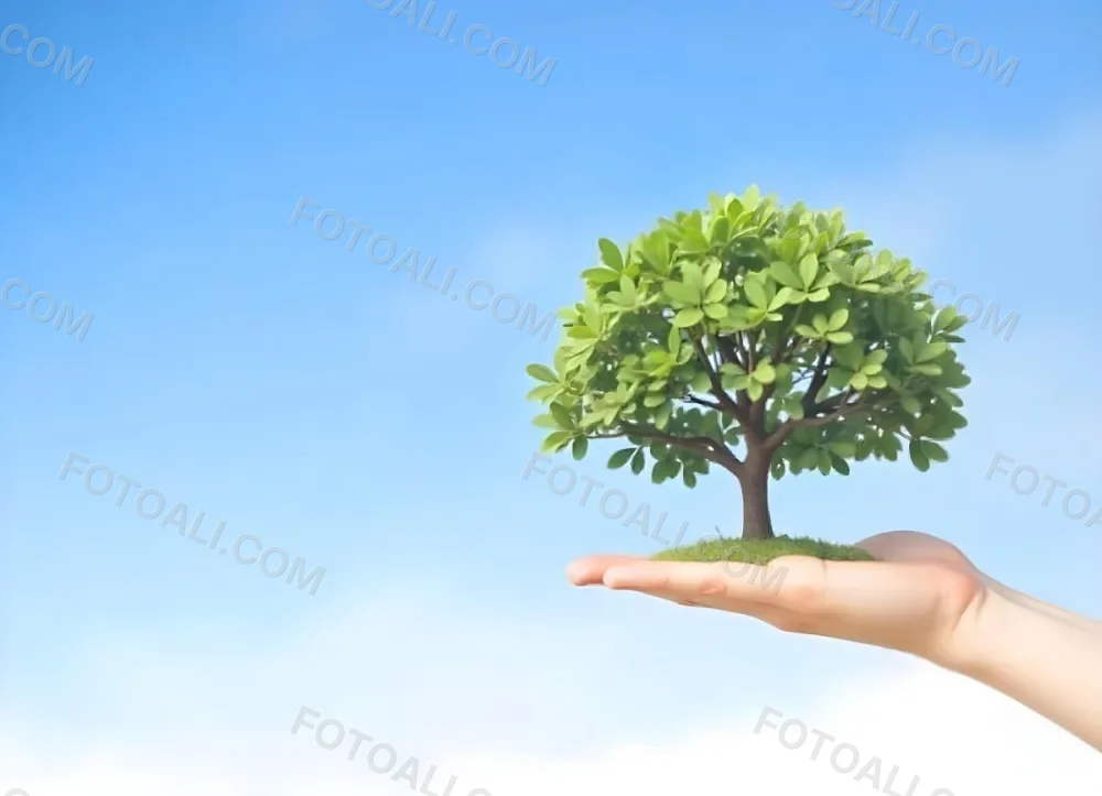 A Hand Holding A Tree With Green Leaves Blue Sky Background The Tree Is Small And Has A Round Shape The Hand Is Light Skin 33 81aa