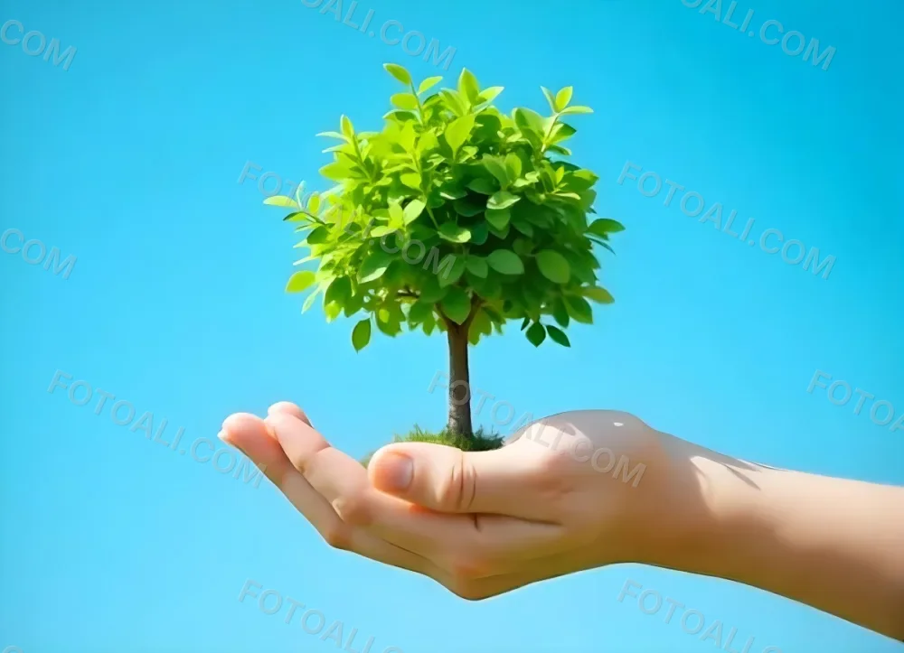 A Hand Holding A Tree With Green Leaves Blue Sky Background The Tree Is Small And Has A Round Shape The Hand Is Light Skin 4 B347