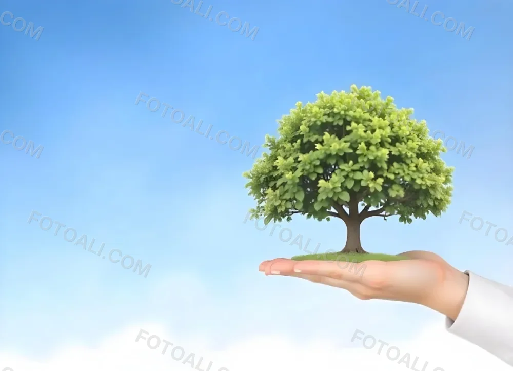 A Hand Holding A Tree With Green Leaves Blue Sky Background The Tree Is Small And Has A Round Shape The Hand Is Light Skin 4 E3dd