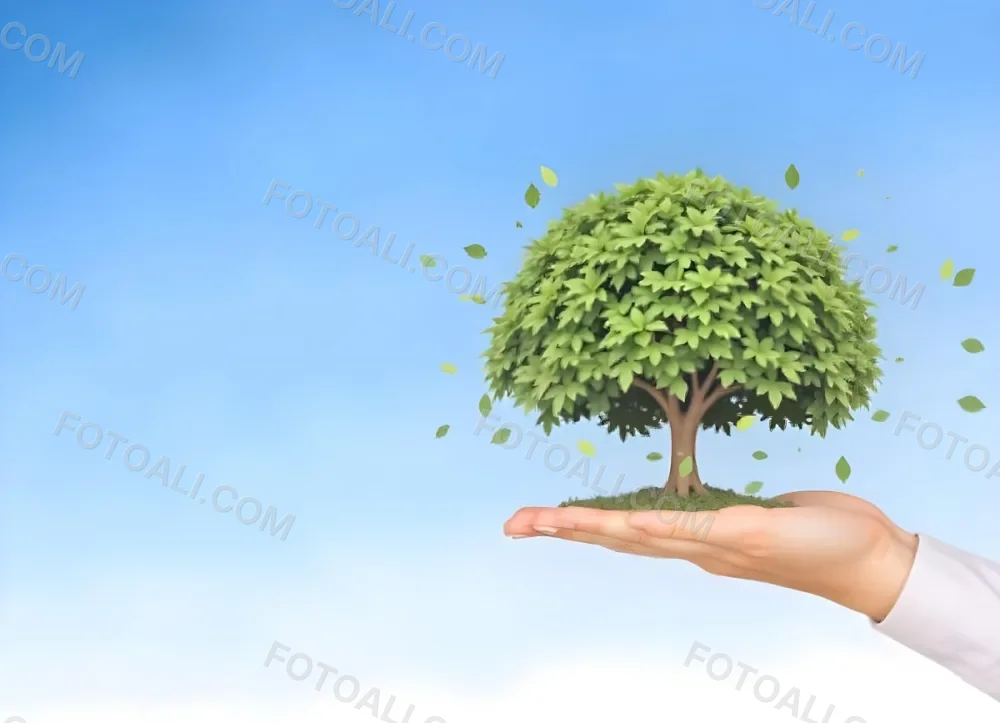 A Hand Holding A Tree With Green Leaves Blue Sky Background The Tree Is Small And Has A Round Shape The Hand Is Light Skin 40 1c77