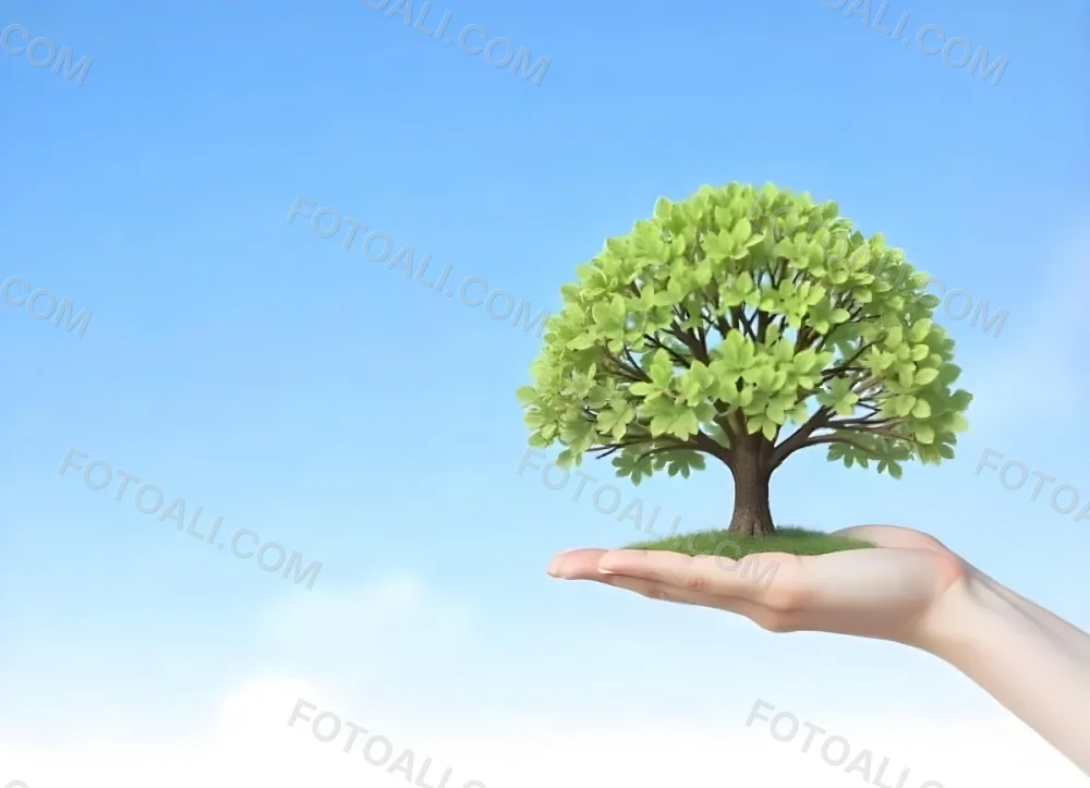A Hand Holding A Tree With Green Leaves Blue Sky Background The Tree Is Small And Has A Round Shape The Hand Is Light Skin 5 94d2