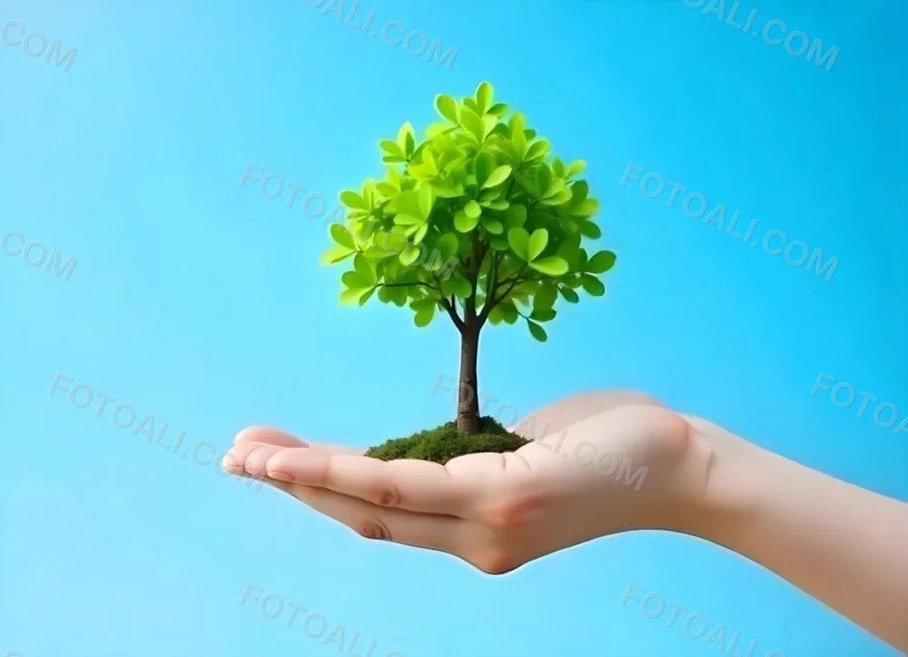 A Hand Holding A Tree With Green Leaves Blue Sky Background The Tree Is Small And Has A Round Shape The Hand Is Light Skin 5 E367
