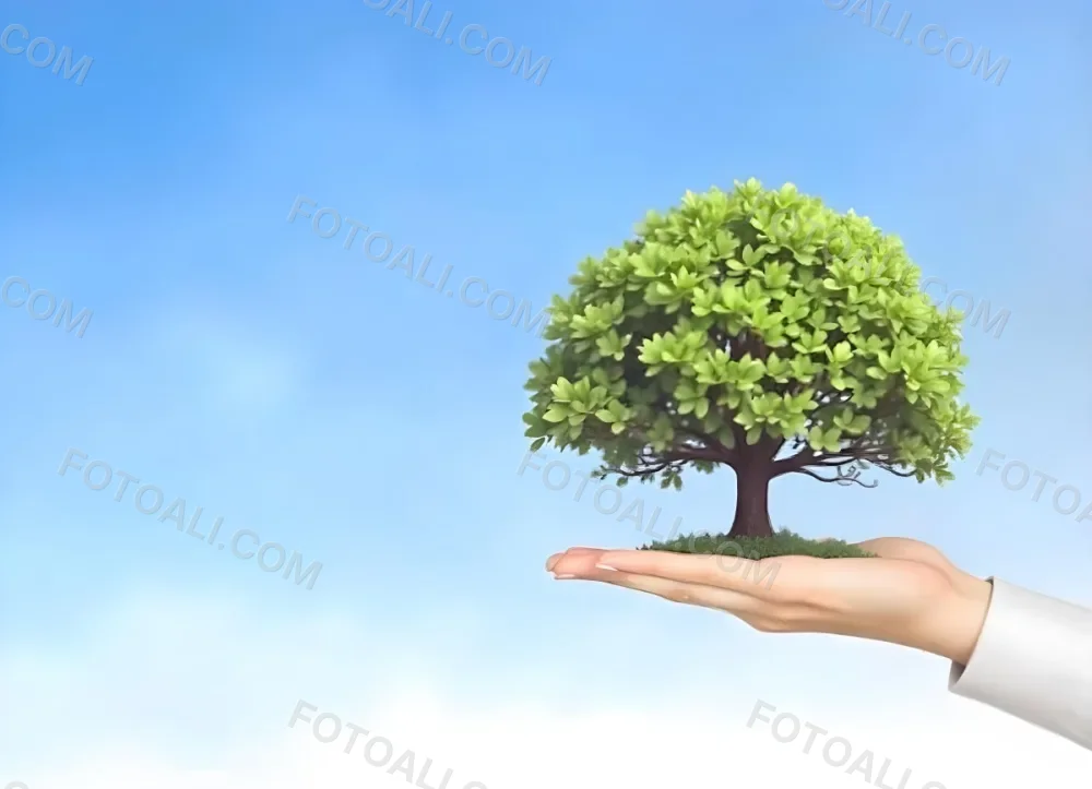 A Hand Holding A Tree With Green Leaves Blue Sky Background The Tree Is Small And Has A Round Shape The Hand Is Light Skin 6 E200