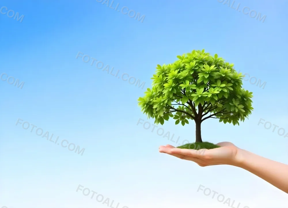 A Hand Holding A Tree With Green Leaves Blue Sky Background The Tree Is Small And Has A Round Shape The Hand Is Light Skin 6 F324