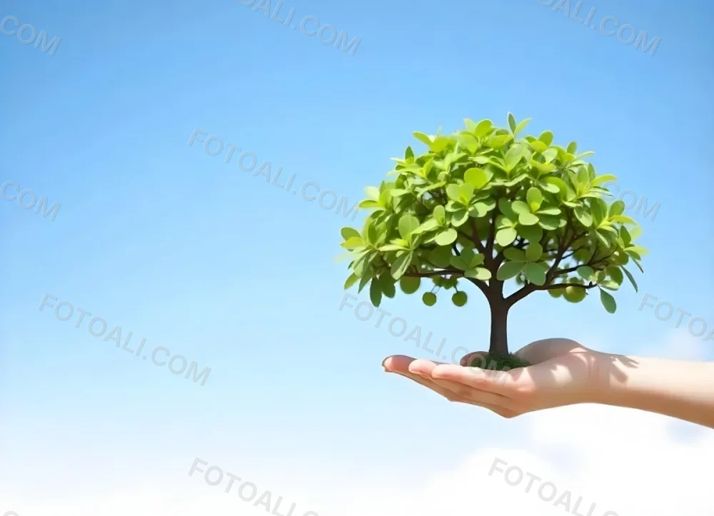 A Hand Holding A Tree With Green Leaves Blue Sky Background The Tree Is Small And Has A Round Shape The Hand Is Light Skin 8 805b